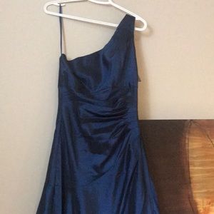 brand new size 8 dark blue, one strap prom dress, a-line, silk/satin fabric